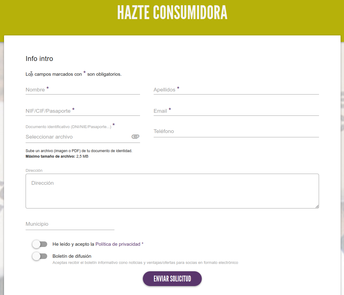 Formulario alta consumidora